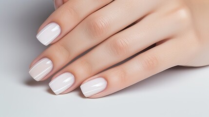 Beautiful nude manicure. Nail design. Manicure with gel polish. Close-up of the hands of a young woman with a gentle nude manicure on her nails. Bright nails with gel polish. Generative AI