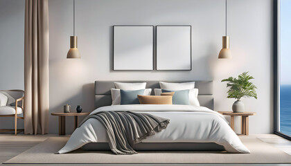 Minimalistic interior of a modern bedroom with pillows, a blanket against the backdrop of a view from the window to the ocean and sea, the concept of relaxing on the ocean,