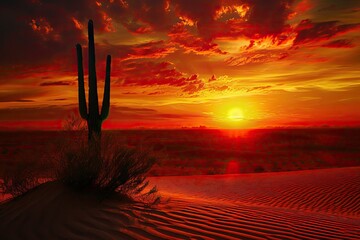 As the fiery sun sets behind the horizon, a lone cactus stands tall against the vast desert landscape, its prickly silhouette contrasting against the soft clouds in the sky