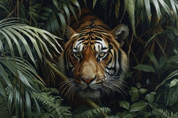 Amidst the lush greenery, a magnificent bengal tiger prowls through the jungle, its powerful presence a testament to the untamed beauty of the wild