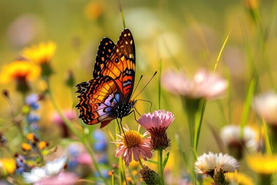 A vibrant brushfooted butterfly gracefully perches on a delicate yellow flower, sipping on pollen as it pollinates the lush field of grass and forbs, reminiscent of the iconic monarch butterfly in th