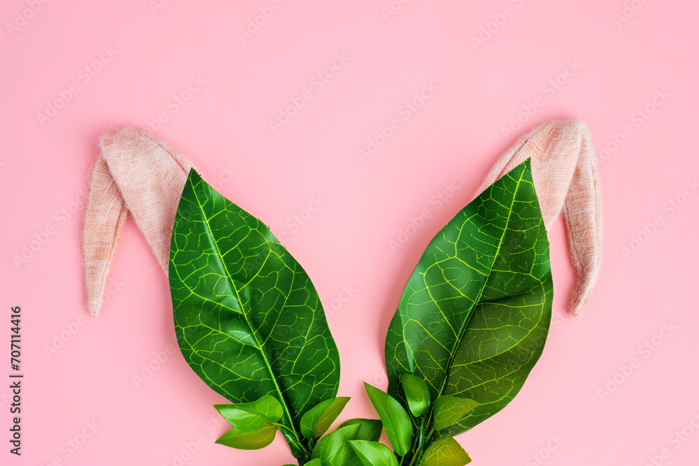 Wall mural Creative Easter concept. Bunny rabbit ears made of green leaves on pink background. Flat lay.