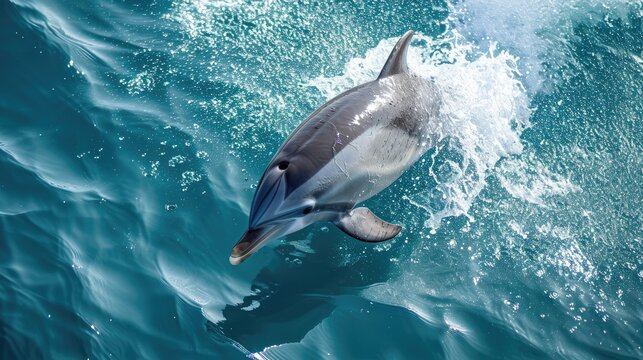 A majestic bottlenose dolphin leaps with grace and freedom, showcasing the beauty and wonder of marine life in the vast, sparkling ocean
