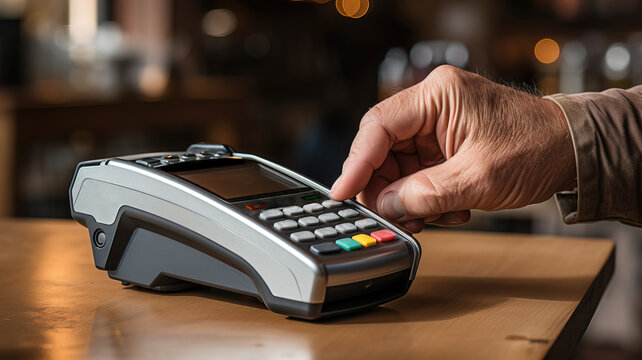 A person's hand types a tpv as a form of digital electronic payment. Modern shopping device in business