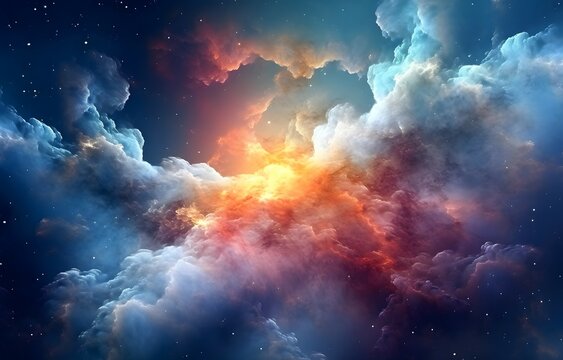 Nebulosa radiante, aglomerados de estrelas e nuvens de g?s brilhando intensamente, arte celestial, sobrenatural, abstrata, espacial
