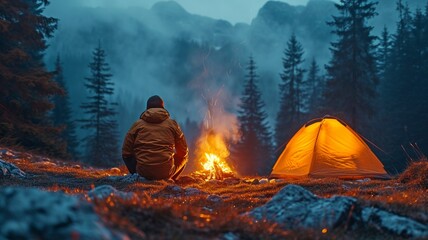 Camping trip in the highlands at night, under the stars. Male adventurer relaxes by a bonfire and his tent snuggled among the woodland. - obrazy, fototapety, plakaty