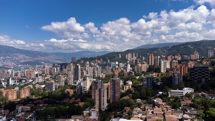 Medellin, Antioquia - Colombia. November 13, 2023. Aerial view of the El Poblado neighborhood of the city