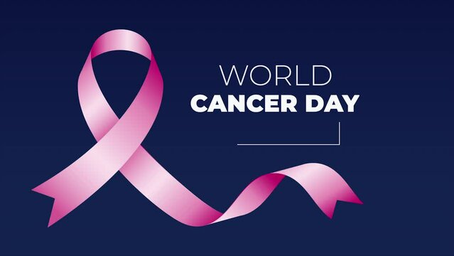 World Cancer Day 4k video banner on blue background with lavender color ribbon . motion design, Video animation. Moving illustration.