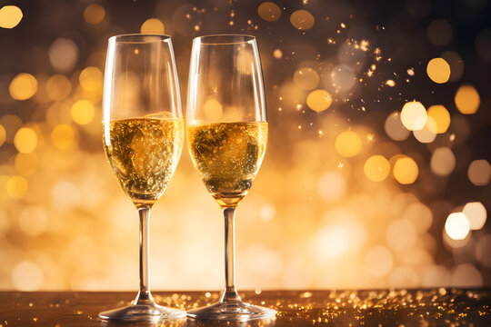Closeup of two champagne glasses with copy space