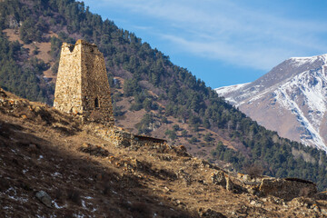 Fototapeta na wymiar Ruines of the medieval watchtower in North Ossetia, Caucasus, Russia