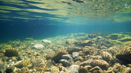 Naklejka na ściany i meble coral reef and fish, River underwater rocks on a shallow riverbed with clear water. Underwater scenery, algae, mountain river cleanliness. Underwater river habitat. Little stream with gravel, Ai