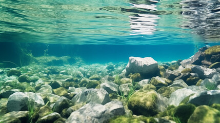 Fototapeta na wymiar Coral reef in the red, River underwater rocks on a shallow riverbed with clear water. Underwater scenery, algae, mountain river cleanliness. Underwater river habitat. Little stream with gravel, Ai 