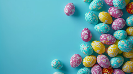 Fototapeta na wymiar Colourful easter eggs on a bright blue background
