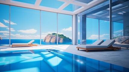 Fototapeta premium Summer beach sun loungers sunbathing deck private swimming pool Ai generated art