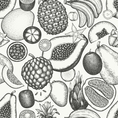 Tropical Fruit Seamless Pattern. Vector Hand Drawn Exotic Fruit Background. Vintage Style Menu Illustration.
