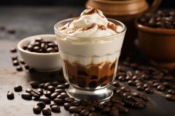 Coffee in the glass topped whipping cream with coffee beans