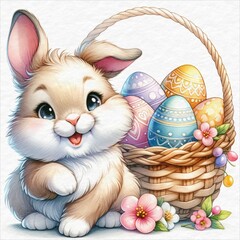 An Easter bunny smiles beside a basket of colorful eggs, Illustration for Easter Day, Watercolor style.