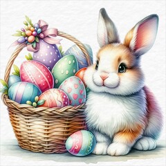 Fototapeta na wymiar An Easter bunny smiles beside a basket of colorful eggs, Illustration for Easter Day, Watercolor style.