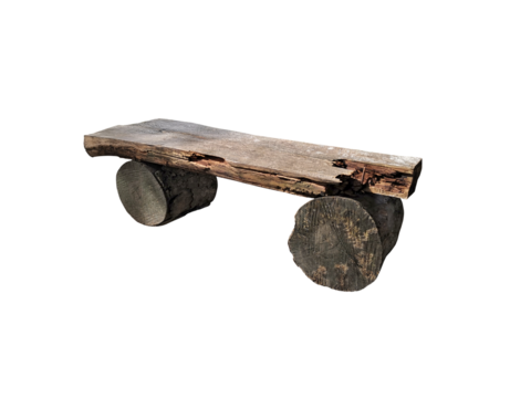 Ancient rural bench from logs. Isolated over white. Roughly hammered together wooden bench, transparent background