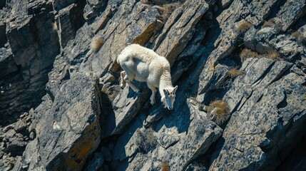 A majestic mountain goat stands proudly on a bedrock overlooking the rugged landscape, embodying...