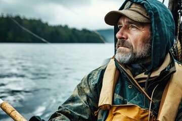 A rugged man with a bushy beard dons a hat and jacket as he gazes out at the vast expanse of water and sky from the peaceful serenity of his boat on the lake
