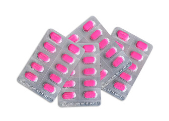Package of pink pills. Pharmacy and medicine concept, transparent background