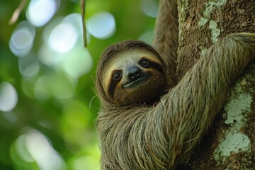 A sleepy sloth peers down from its leafy perch, a peaceful reminder of the tranquil life of a terrestrial mammal in the wild