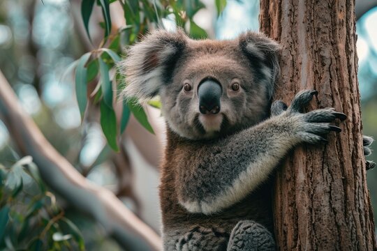A curious koala clings to a sturdy tree branch, basking in the beauty of the outdoors as a symbol of the wild and unique marsupial kingdom