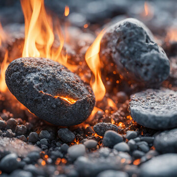 Stones burning with fire ashes photography close up