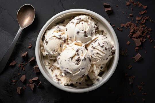 Flat lay of Italian stracciatella ice cream scoop with dark chocolate