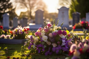 Fototapeta na wymiar Floral tributes grace graves in graveyard