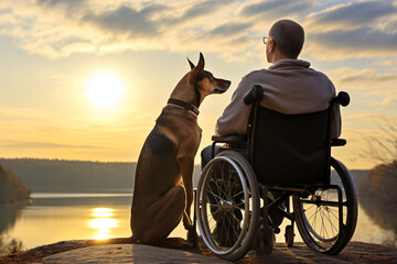 Senior man in a wheel chair looking out toward dog, in the style of photorealistic landscapes, photo-realistic landscapes, rural landscapes, human-canvas integration, realistic portraitures, elegant s - obrazy, fototapety, plakaty