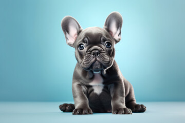 Puppy girl dog french bulldog sitting on a turquoise background, in the style of light navy and light gray, wimmelbilder, wildlife photography

