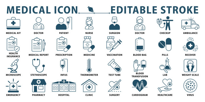 Medical icon set. Containing doctor, hospital, healthcare, medicine, treatment, clinic, nurse, pills and more. Editable stroke. Vector illustration.