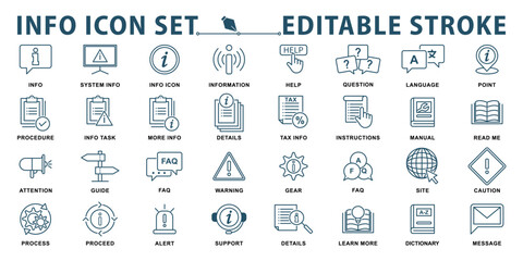 Information icon set. Containing icons instructions,  guide, manual, an info center, rule, reference, help, privacy policy and more. Editable stroke. Vector illustration.