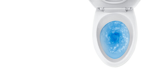 Top view of toilet bowl, blue detergent flushing in it, transparent background