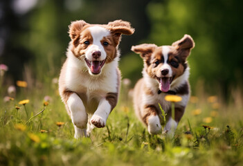 Puppies walking in field on grass, in the style of lively action poses, white and brown, wimmelbilder, high speed sync, photo taken with provia, cute and colorful


