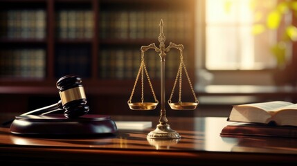 Scales of justice and judge gravel in sunny room with book shelves and wooden lawyer's desk