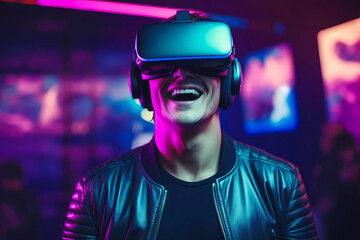 Young man wear virtual reality vr glasses. Generative ai design art.
