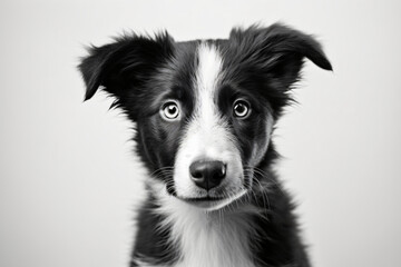 Border collie miniature puppy by patrick phtphotography, in the style of sheet film, white background, light gray and dark black, soft focus, textured canvas, selective focus, cute and colorful

 - obrazy, fototapety, plakaty