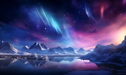 Light blue purple aurora in white snow, snow mountains, rivers, snowstorms, colorful stars twinkling, illusory engine, 4K HD, HD. Generative Ai

