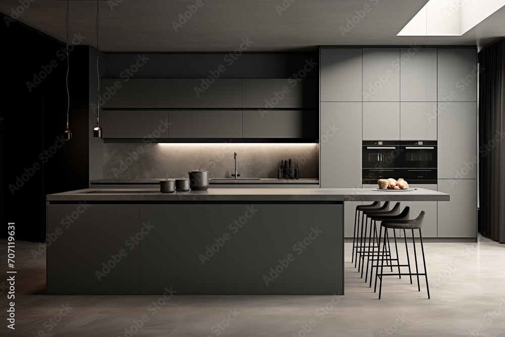 Poster step into a world of serenity with this minimalist kitchen featuring floor-to-ceiling windows that f