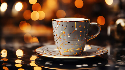 White cup standing on the table with beautiful golden abstract designs. Atmospheric nice warm background. Generative AI
