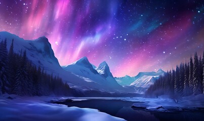 Light blue purple aurora in white snow, snow mountains, rivers, snowstorms, colorful stars twinkling, illusory engine, 4K HD, HD. Generative Ai

 - obrazy, fototapety, plakaty