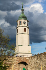 Sahat tower (sahat kula) and Sahat gate, Belgrade fortress, Serbia, stormy sky background