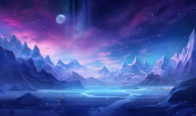 Poster Light blue purple aurora in white snow, snow mountains, rivers, snowstorms, colorful stars twinkling, illusory engine, 4K HD, HD. Generative Ai   © Handz