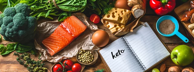 Deurstickers Keto diet set of food ingredients. notebook with the inscription keto © Артур Комис