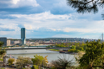 Panoramic view from the Belgrade fortress of the Sava river, Belgrade waterfront and Belgrade bridges