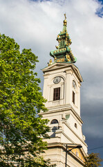 Fototapeta na wymiar The church tower of holy Archangel Michael orthodox church (Saborna crkva), Belgrade, Serbia, cloudy background