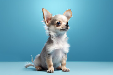 A small dog sitting on a blue background, in the style of light gray and azure, louis, photo-realistic hyperbole, light maroon and light azure, cute and colorful, konica big mini, uhd image

